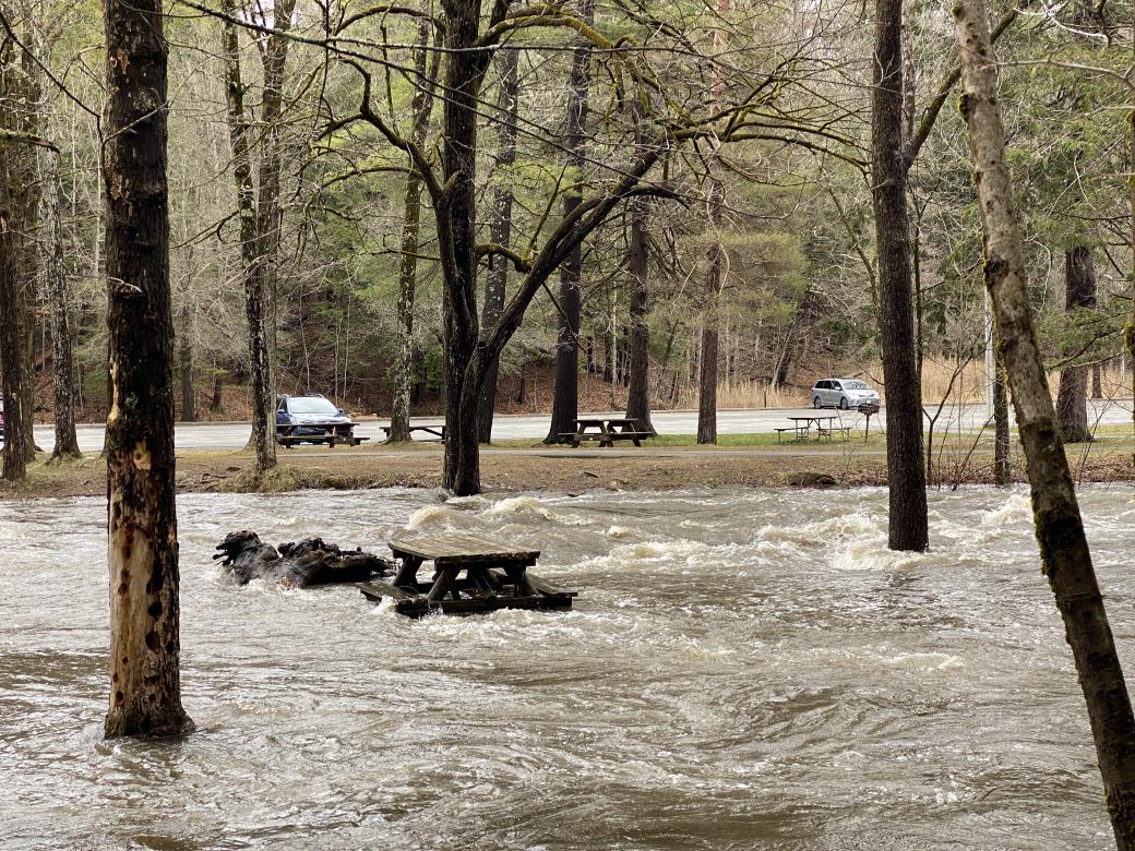 A picture of a flooded creek and a picnic table sitting in the water.