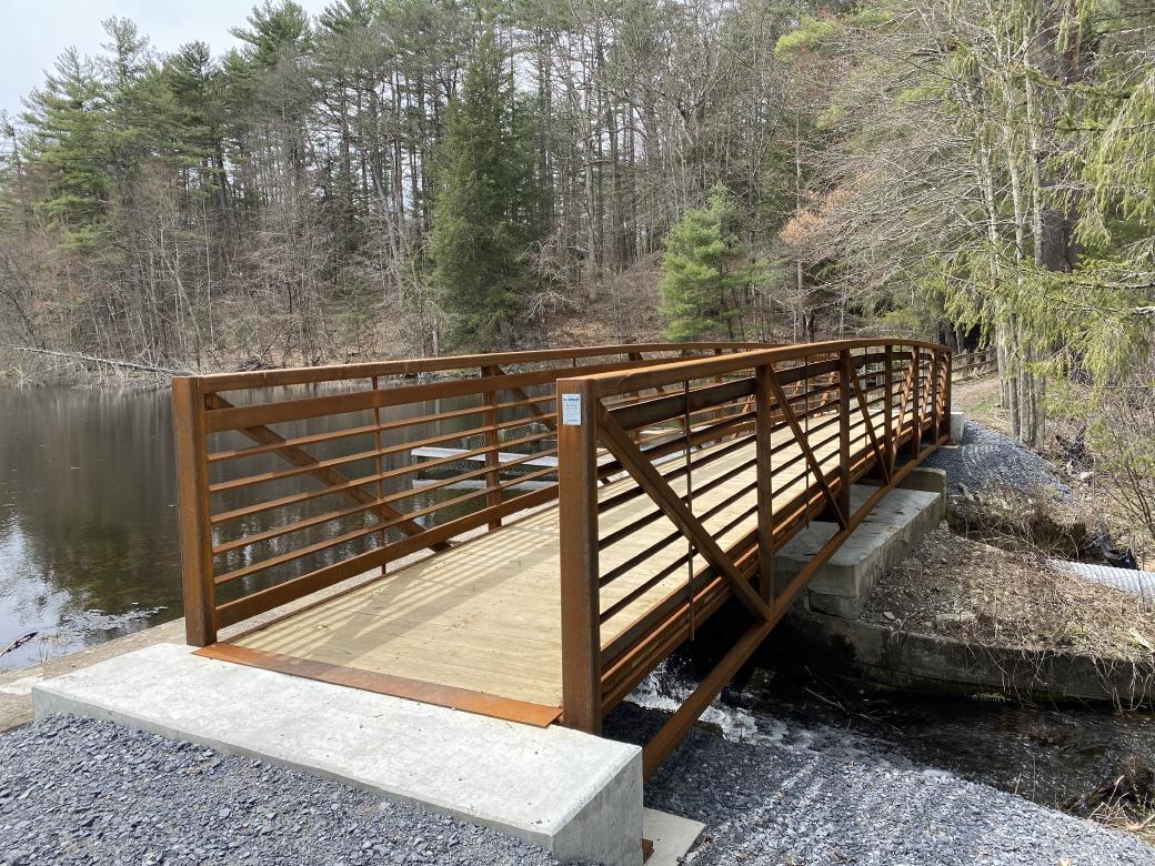 A relatively new iron bridge, with lots of patina, and a new wooden plank floor crosses the outflow of Delegan Pond.